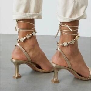 Vicenza Charm Wrap Heels Women 7 Gold Ankle Tie Floral Beaded Dressy Easter New